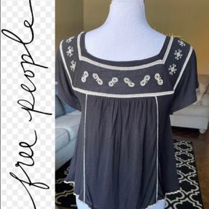 Free People Black and Beige Embroidered Top Size XS